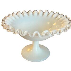 Fenton Milk Glass Silver Crest White Sherbet Dish Clear Ruffled Edge Art Glass